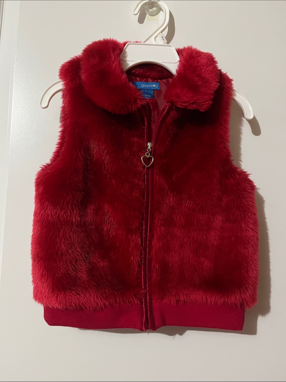 greendog Red Plush Zip Vest with Heart Zip Pull